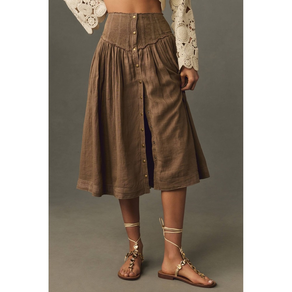 NWT By Anthropologie Linen Pleated Yoke-Waist Midi Skirt 6P Olive Green Button